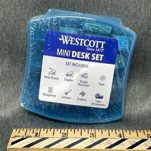 NEW Adorable Mini Desk Set 8pc Hole Punch Stapler Scissors Tape Sharpener Office